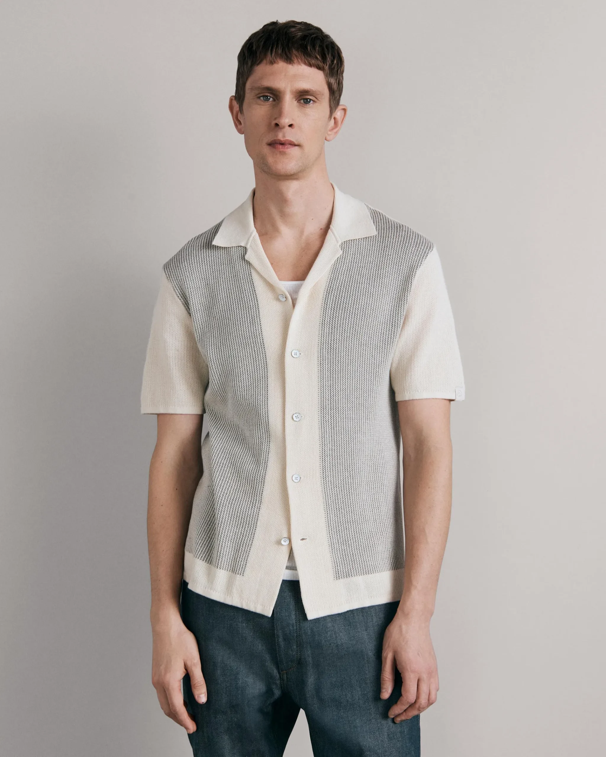rag & bone Harvey Knit Camp Shirt Ivory Black Fashion