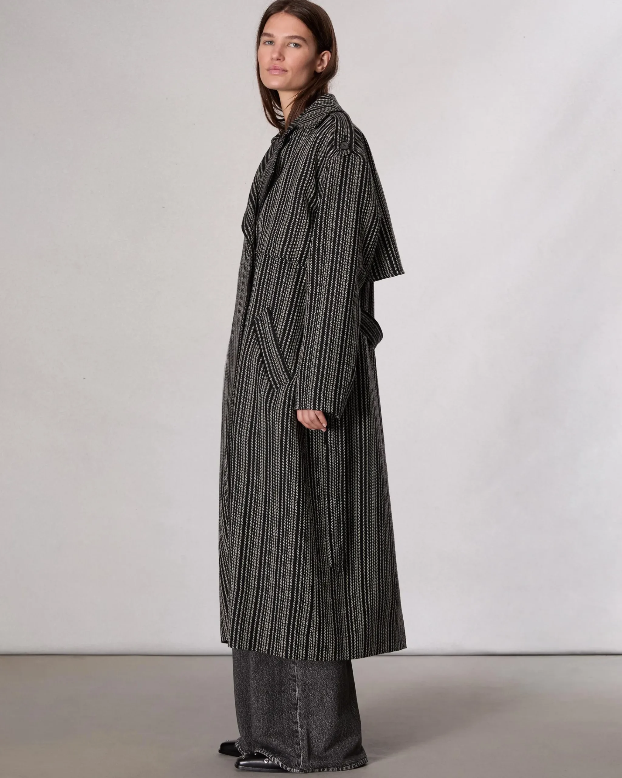 rag & bone Jennie Wool Trench Coat Black Stripe Cheap
