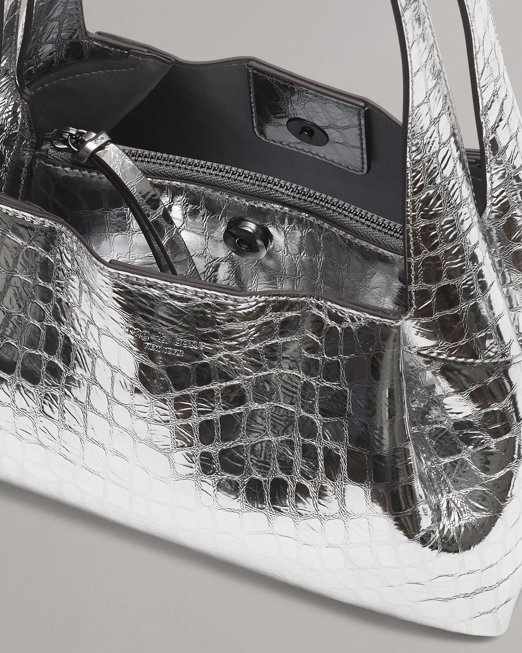 rag & bone Slade Embossed Metallic Leather Shoulder Bag Silver Sale