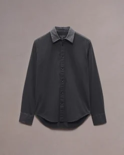 rag & bone Tomlin Stretch-Cotton Dobby Shirt Charcoal Grey New