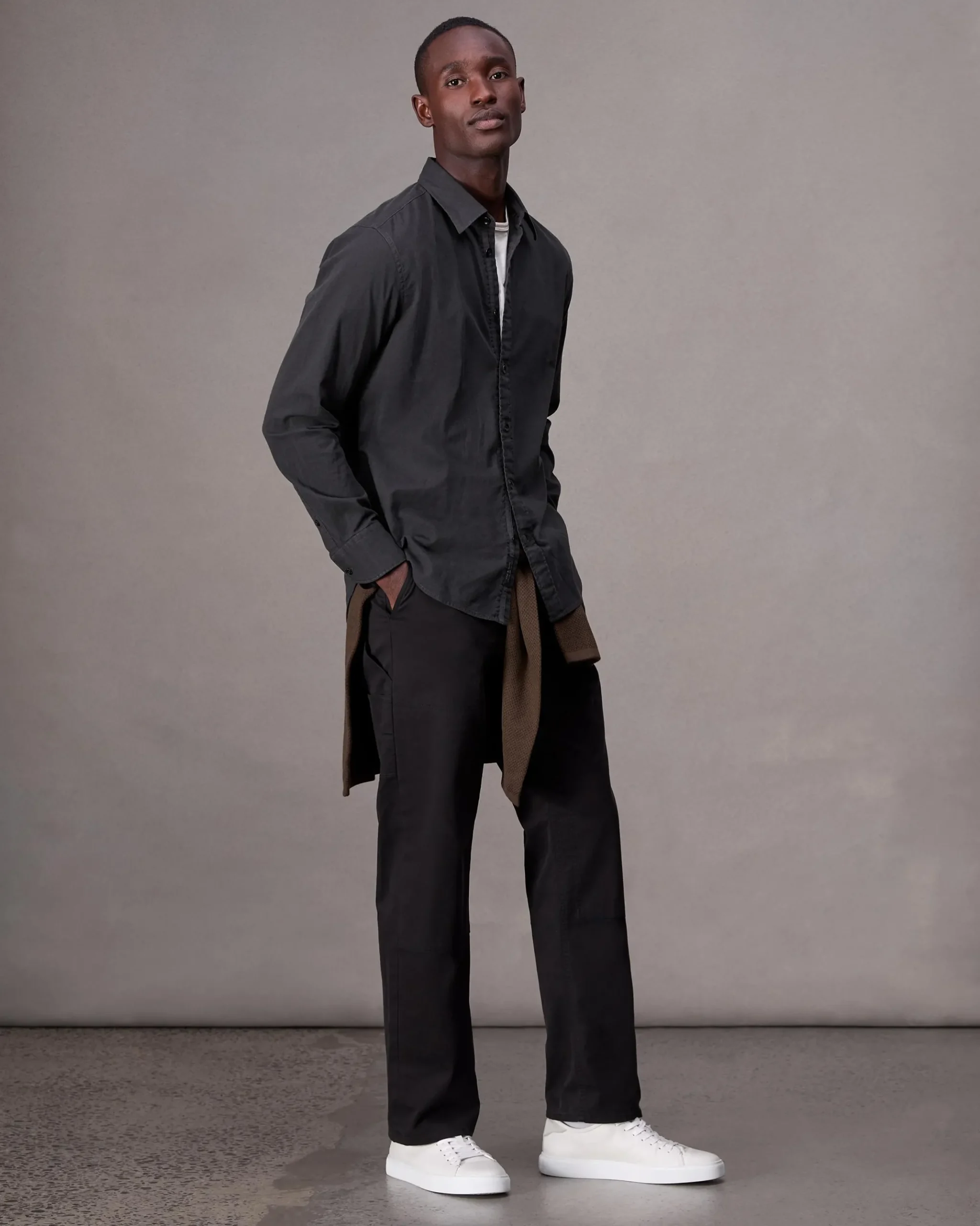 rag & bone Tomlin Stretch-Cotton Dobby Shirt Charcoal Grey New